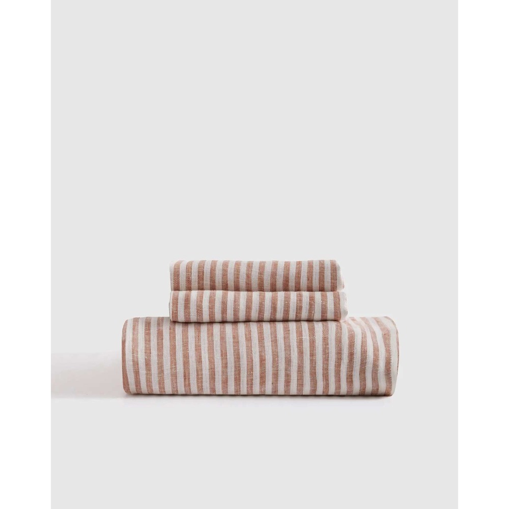 Quince European Linen Sheet Set Queen Terracotta White Stripe 100% Linen Bedding